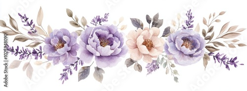 An illustration set of watercolor floral bouquets containing violet purple blue flowers and green leaves, leaves and branches. The collection can be used as stationary, greeting cards, wallpapers, photo