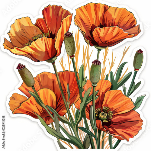 arizona poppy flowers blooming sticker design using authentic texture and colors