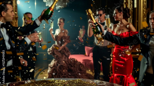 A luxurious party scene featuring elegantly dressed guests toasting with champagne. golden glitter fills the air as the focal point rests on a sparkling bottle of champagne with a pink foil wrap