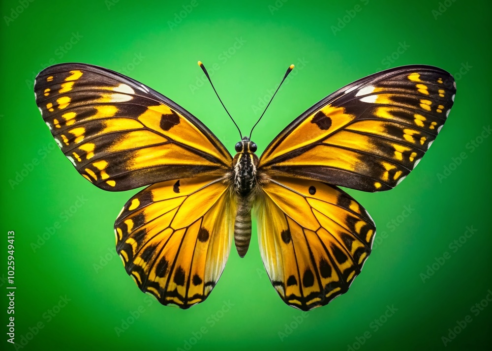 Fototapeta premium Dynamic Yellow and Black Butterfly Flapping Wings on Green Screen - Stunning Product Photography
