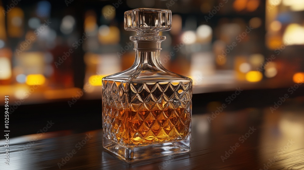 A crystal decanter of amber liquid sits on a bar counter, with a blurred background of bottles and warm lights. A crystal decanter of amber liquid sits on a bar counter, with a blurred background of bottles and warm lights.