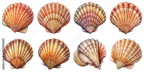 Hand Drawn illustration set of seashell . isolate on a white background. PNG 