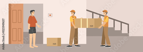 Courier delivering package. Receive package. Free delivery. Express delivery. Home delivery. Warehouse delivery services. Warehouse distribution. Parcel delivery.