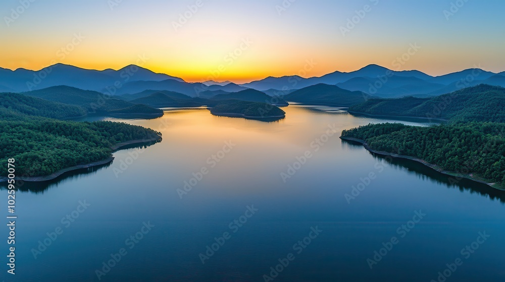 Serene Aerial View of Calm Lake at Sunset Serene Aerial View of Calm Lake at Sunset