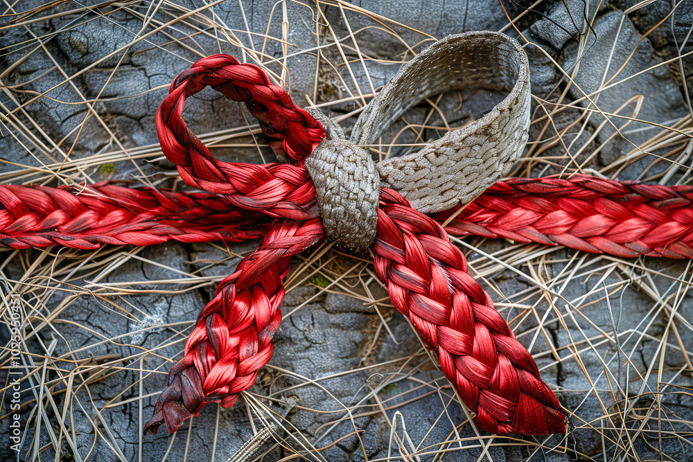 Red awareness ribbon lying on dry grass for world aids day Red awareness ribbon lying on dry grass for world aids day