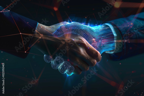 Close-up of a leader's hand shaking a holographic hand representing the merging of human leadership with AI technology in business innovation