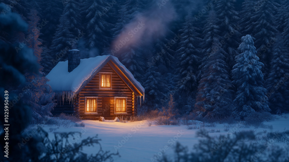 house in the woods. A rustic log cabin in a snowy forest at dusk, with smoke rising from the chimney and soft lights glowing from the windows, giving a cozy house in the woods. A rustic log cabin in a snowy forest at dusk, with smoke rising from the chimney and soft lights glowing from the windows, giving a cozy