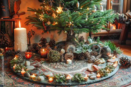 Christmas tree and yule altar with candles and crystals celebrating winter solstice