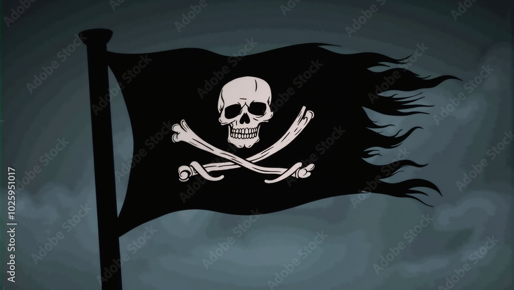 Fototapeta premium Classic pirate flag with skull and crossbones design against a dark cloudy background, ideal for adventure or nautical concept