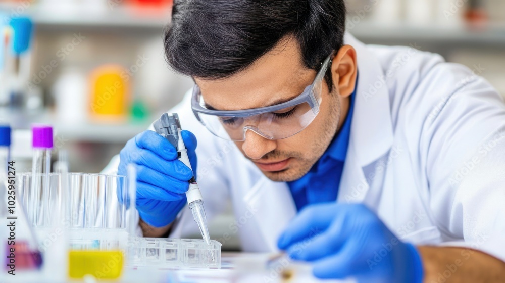 Scientist in Lab Coat Using Pipette to Transfer Liquid Scientist in Lab Coat Using Pipette to Transfer Liquid