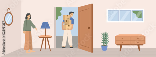 Moving house delivery service. Postman delivering package. House delivery. Family house. Online shop delivery. Furniture delivery.