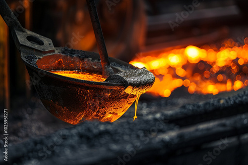 Close-up of a metal ladle in a foundry molten steel creating a spectacle of light and shadow