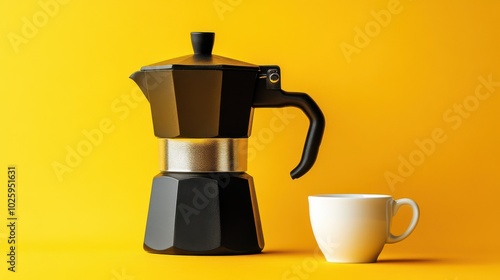 Elegant Coffee Maker with Cup and Sugar for Perfect Morning Brews on a Bright Yellow Background