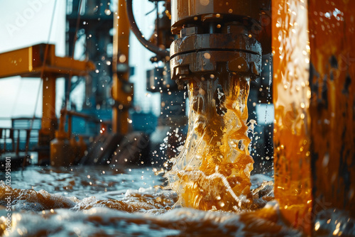 Close-up of a mud pump in action drilling mud coursing through pipelines against the backdrop of a semi-submersible rig