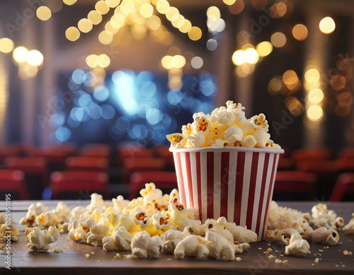 Fresh popcorn overflowing from a striped bucket in a cozy cinema with warm, soft lighting at evening