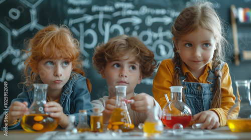 Multi ethnic elementary school student enjoying science experiment in the classroom