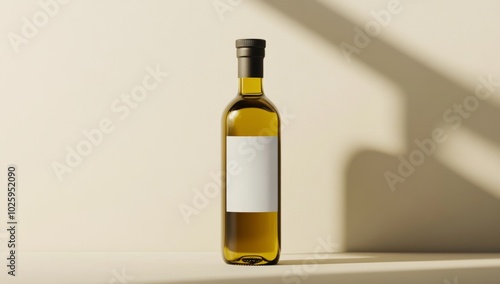 glass bottle of olive oil with white blank label mockup against neutral minimalist background with shadows 