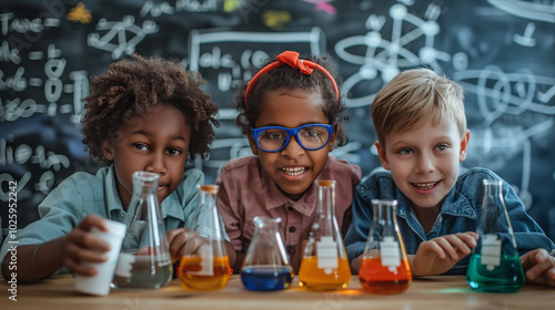 Multi ethnic elementary school student enjoying science experiment in the classroom