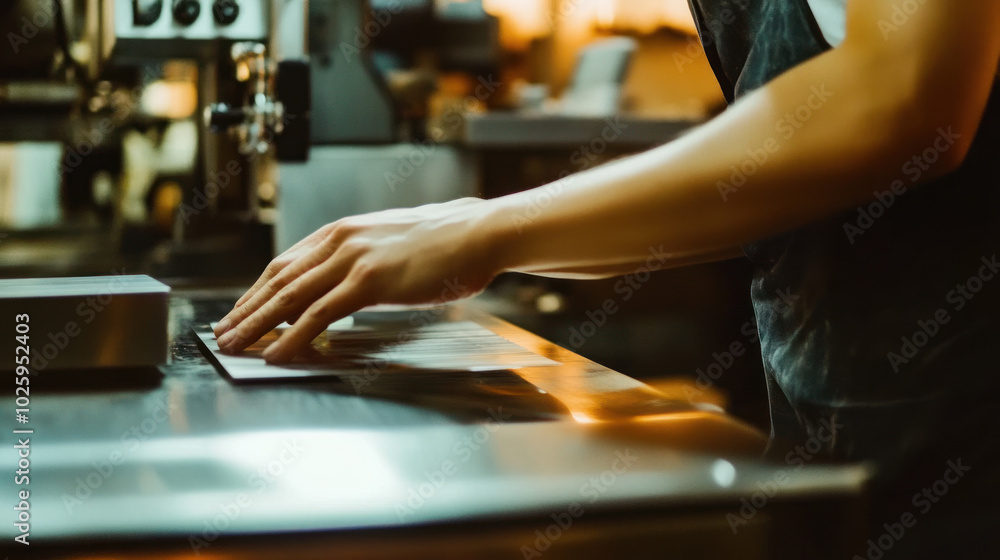 a worker’s hands, guiding metal sheets into a press machine a worker’s hands, guiding metal sheets into a press machine
