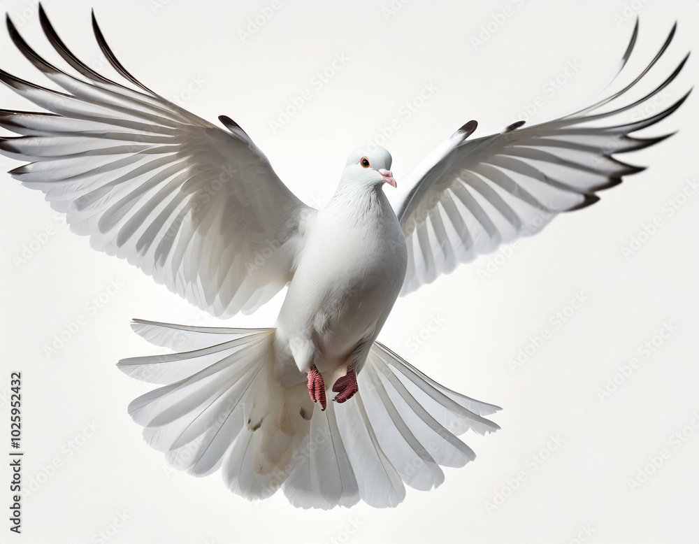 A graceful white dove spreads its wings in mid-flight against a light background A graceful white dove spreads its wings in mid-flight against a light background