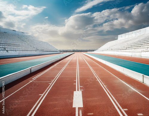 A quiet outdoor running track with empty grandstands under a clear blue sky