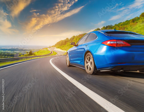 A blue car driving on a winding road surrounded by green hills during sunset near a scenic landscape