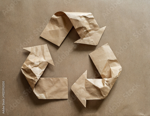 Crumpled brown paper arrows create a recycling symbol on a neutral background, promoting sustainability