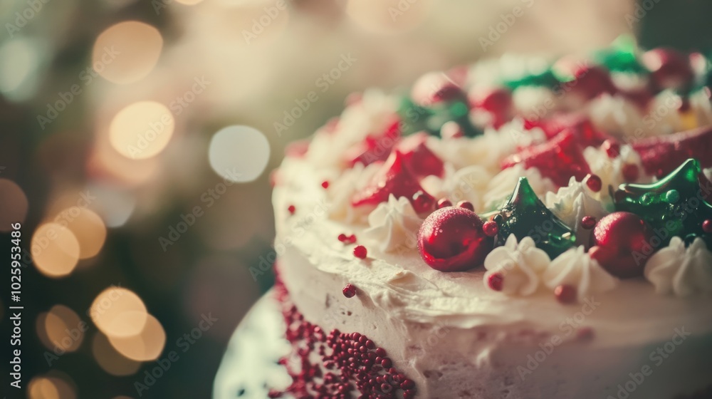holiday cake with red and green decorations, subtle light leak and a faded vintage film effect holiday cake with red and green decorations, subtle light leak and a faded vintage film effect