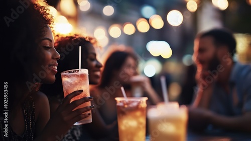 group of people sitting at an outdoor café, sipping iced drinks