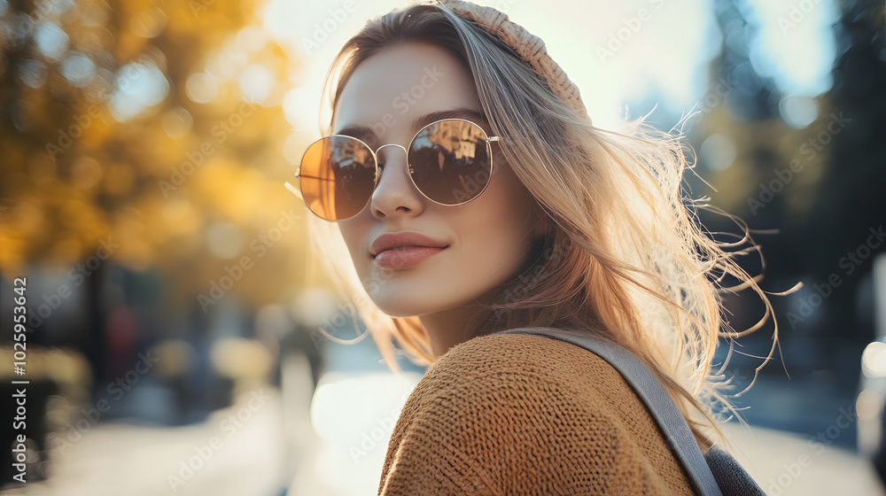 A woman wearing sunglasses and a yellow sweater poses for the camera A woman wearing sunglasses and a yellow sweater poses for the camera