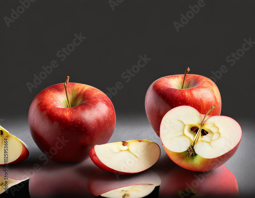 Fresh red apples cut open to reveal seeds against a dark background in a minimalist setting