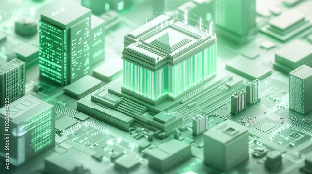 The concept of cryptocurrency replacing physical banking infrastructure with virtual systems in light green and slate gray colors The concept of cryptocurrency replacing physical banking infrastructure with virtual systems in light green and slate gray colors