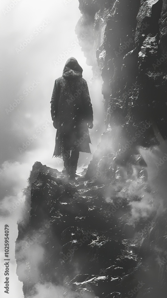 Obraz premium Silhouette of a Man Walking on a Foggy Mountain