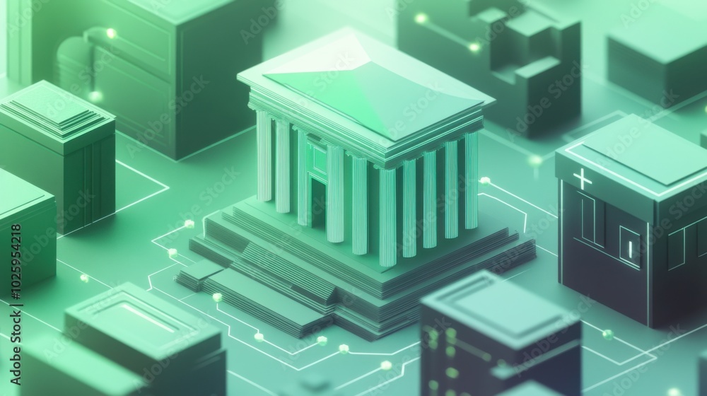 The concept of cryptocurrency replacing physical banking infrastructure with virtual systems in light green and slate gray colors The concept of cryptocurrency replacing physical banking infrastructure with virtual systems in light green and slate gray colors