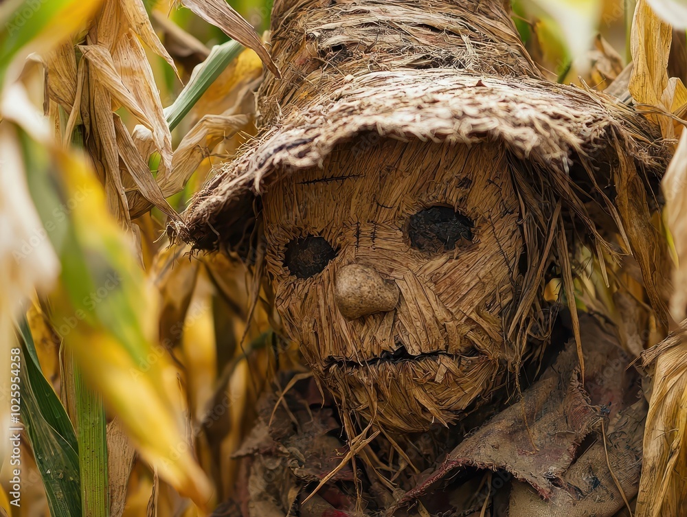 Rustic Scarecrow Surrounded by Corn Field Stalks Rustic Scarecrow Surrounded by Corn Field Stalks