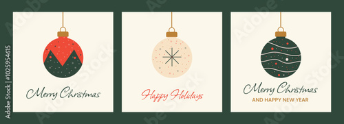 Vector illustration. Set of Christmas cards with  text. Isolated green background. Holiday card set.