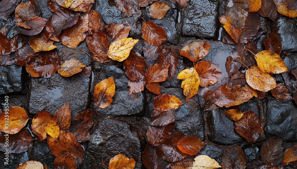 Autumn leaves scattered on wet, gray stones. Autumn leaves scattered on wet, gray stones.
