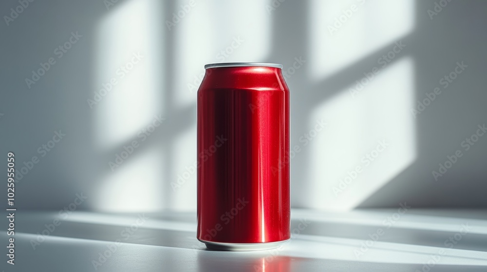 A shiny red soda can centered on a white background, highlighted by bright lighting, casting a faint shadow, ideal for commercial use A shiny red soda can centered on a white background, highlighted by bright lighting, casting a faint shadow, ideal for commercial use
