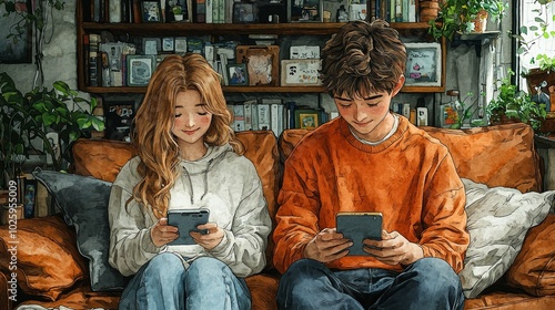 A cheerful couple sits side by side on a brown couch, engrossed in their smartphones, amidst a backdrop filled with books, depicting a cozy, intimate moment at home. photo