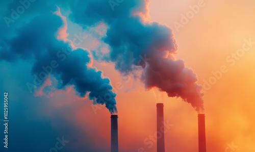 A factory chimney releases thick smoke into the vibrant orange and blue sky at dusk, showcasing the contrast between industrial activity and nature's beauty.