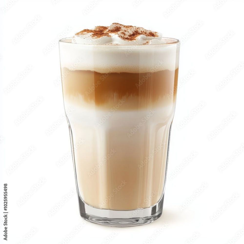 Creamy latte served in a tall glass, with a rich layer of coffee, milk and foam on a white background, highlighting the perfect morning drink experience. Creamy latte served in a tall glass, with a rich layer of coffee, milk and foam on a white background, highlighting the perfect morning drink experience.