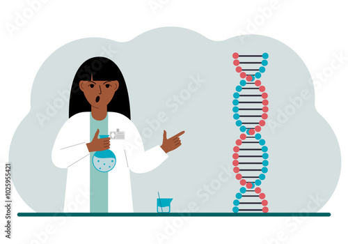 Female doctor with flasks near the dna chain. The concept of treating a new coronavirus, virus, pcr or disease. Vector flat illustration