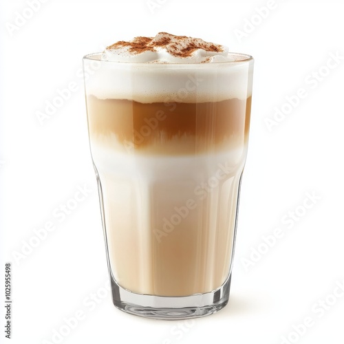Creamy latte served in a tall glass, with a rich layer of coffee, milk and foam on a white background, highlighting the perfect morning drink experience.
