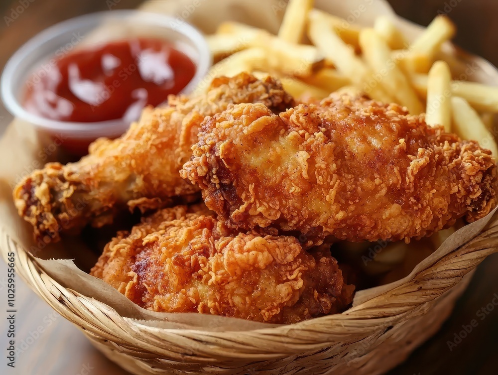 Obraz premium Crispy Fried Chicken with Fries in a Basket