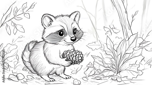 A raccoon holding a pinecone, standing beside a small shrub, surrounded by simple forest elements, bold lines, low details, no shading, child-friendly design --ar 16:9 --sref https://s.mj. photo