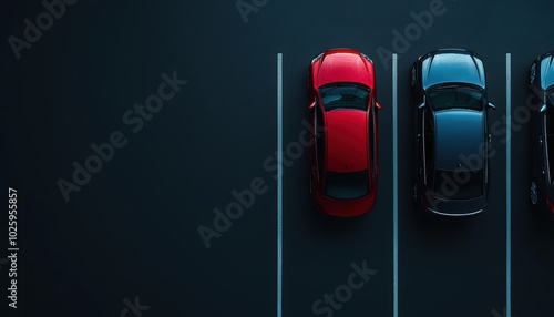 Aerial view of parked cars in a parking lot with a red car standing out against dark asphalt.