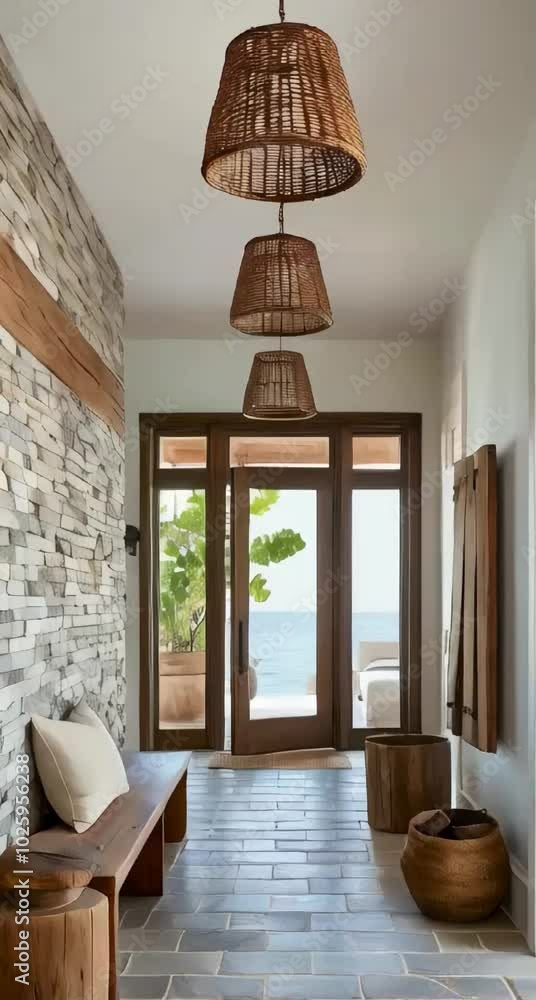 Coastal interior design of modern entrance hall with stone tile walls ...