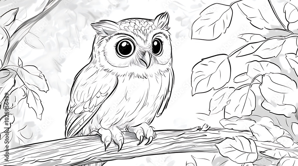 Fototapeta premium A realistic owl perched on a low branch with big round eyes, surrounded by simple leaf patterns, bold lines, low details, no shading, child-friendly design,