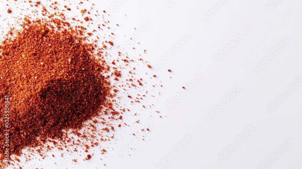 Close-up isolated shot of ground paprika and chili flakes on white background, vibrant red tones and coarse texture Close-up isolated shot of ground paprika and chili flakes on white background, vibrant red tones and coarse texture