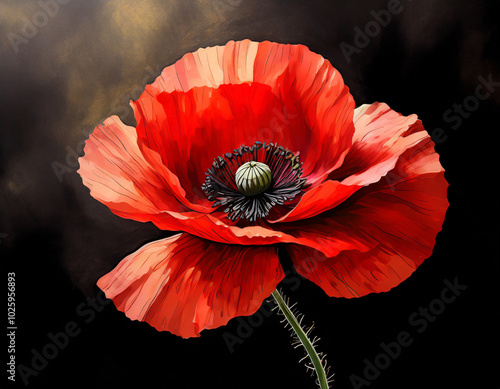 Vibrant red poppy flower against a dark background showcasing its delicate petals and intricate details